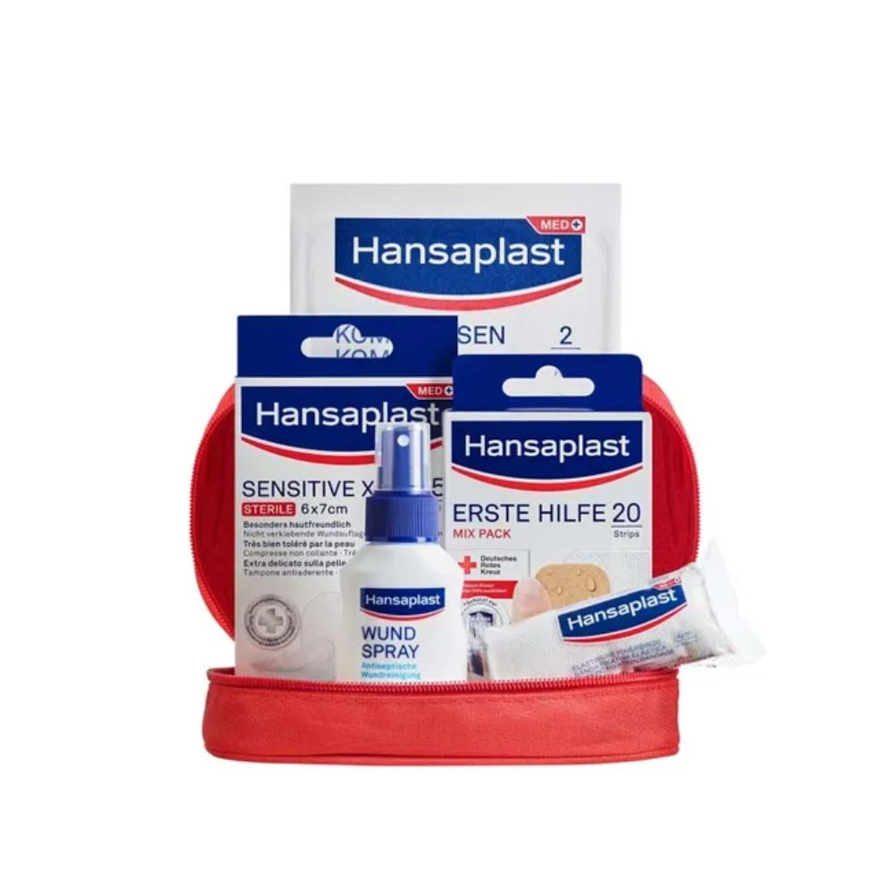 Hansaplast Erste-Hilfe-Set mit Wundspray, Pflastern, Binden und Kompressen, 1 pc Ensemble