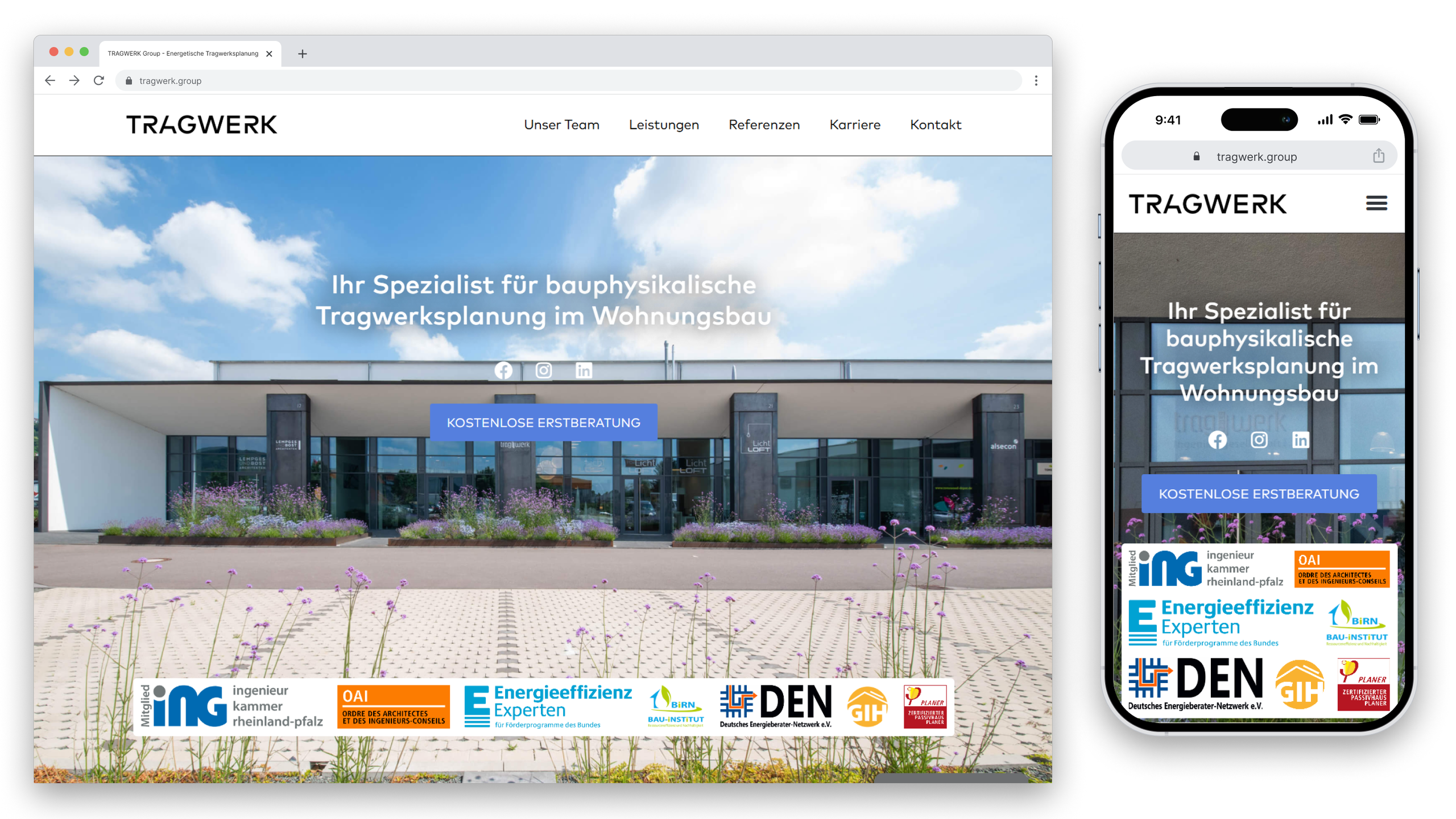 The desktop and mobile views of the TRAGWERK website showing the company's focus on structural planning for residential buildings, with a modern building and blue sky background.