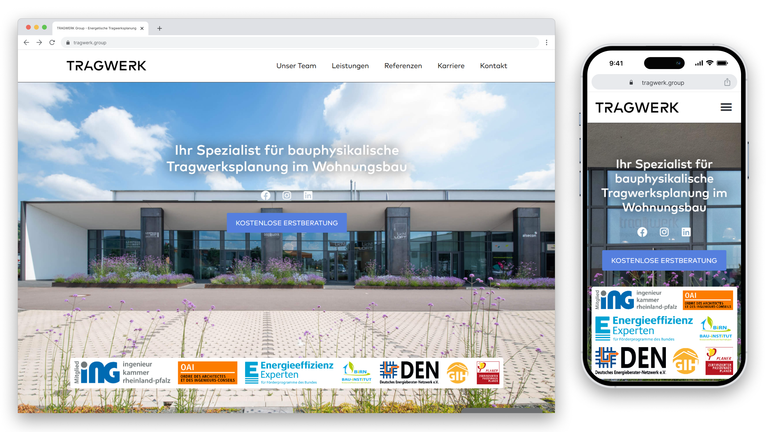 Die Desktop- und Mobilansicht der TRAGWERK-Website zeigt das Unternehmen bei der Fassadengestaltung für Wohngebäude mit einem modernen Gebäude vor blauem Himmel.