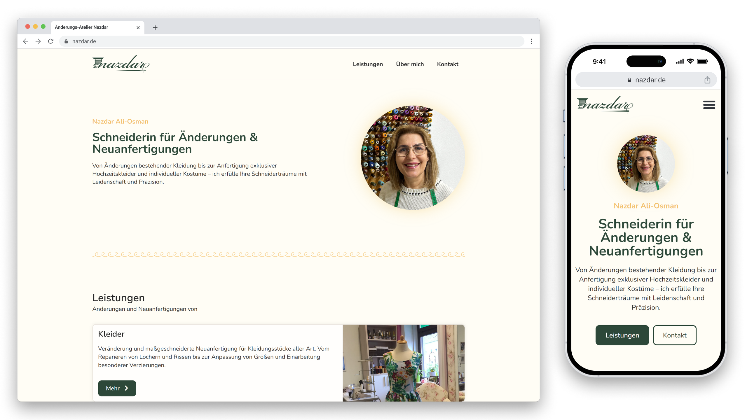 Der Desktop- und Mobile-Ansicht einer Webseite für einen Schneider spezialisiert auf Änderungen und maßgeschneiderte Kleidung, mit einem Porträt einer Frau, einem Bereich für Dienstleistungen und Kontaktmöglichkeiten.