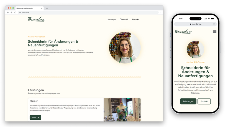 Der Desktop- und Mobile-Ansicht einer Webseite für einen Schneider spezialisiert auf Änderungen und maßgeschneiderte Kleidung, mit einem Porträt einer Frau, einem Bereich für Dienstleistungen und Kontaktmöglichkeiten.