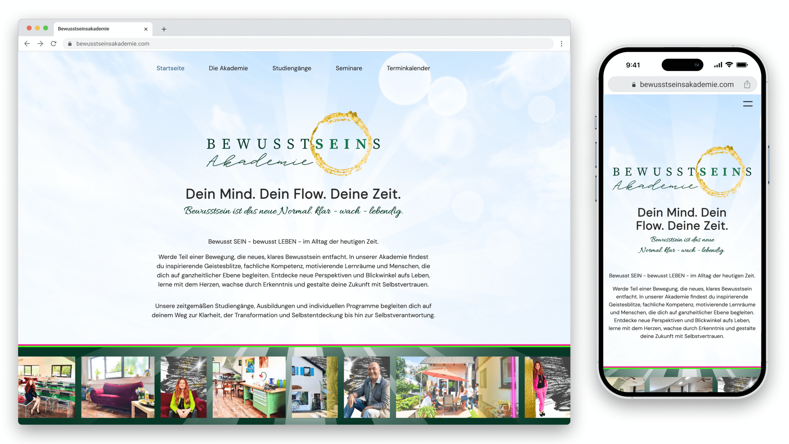 Homepage of the Bewusstseinsakademie website featuring the slogan "Your Mind. Your Flow. Your Time." and navigation links to Home, Academy, Courses, Seminars, and Calendar. A bottom photo strip with various images is visible.