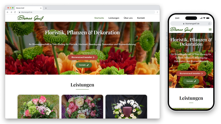 Startseite von 'Blumen Greif' mit einer lebendigen Blumenüberschrift und Serviceangeboten.