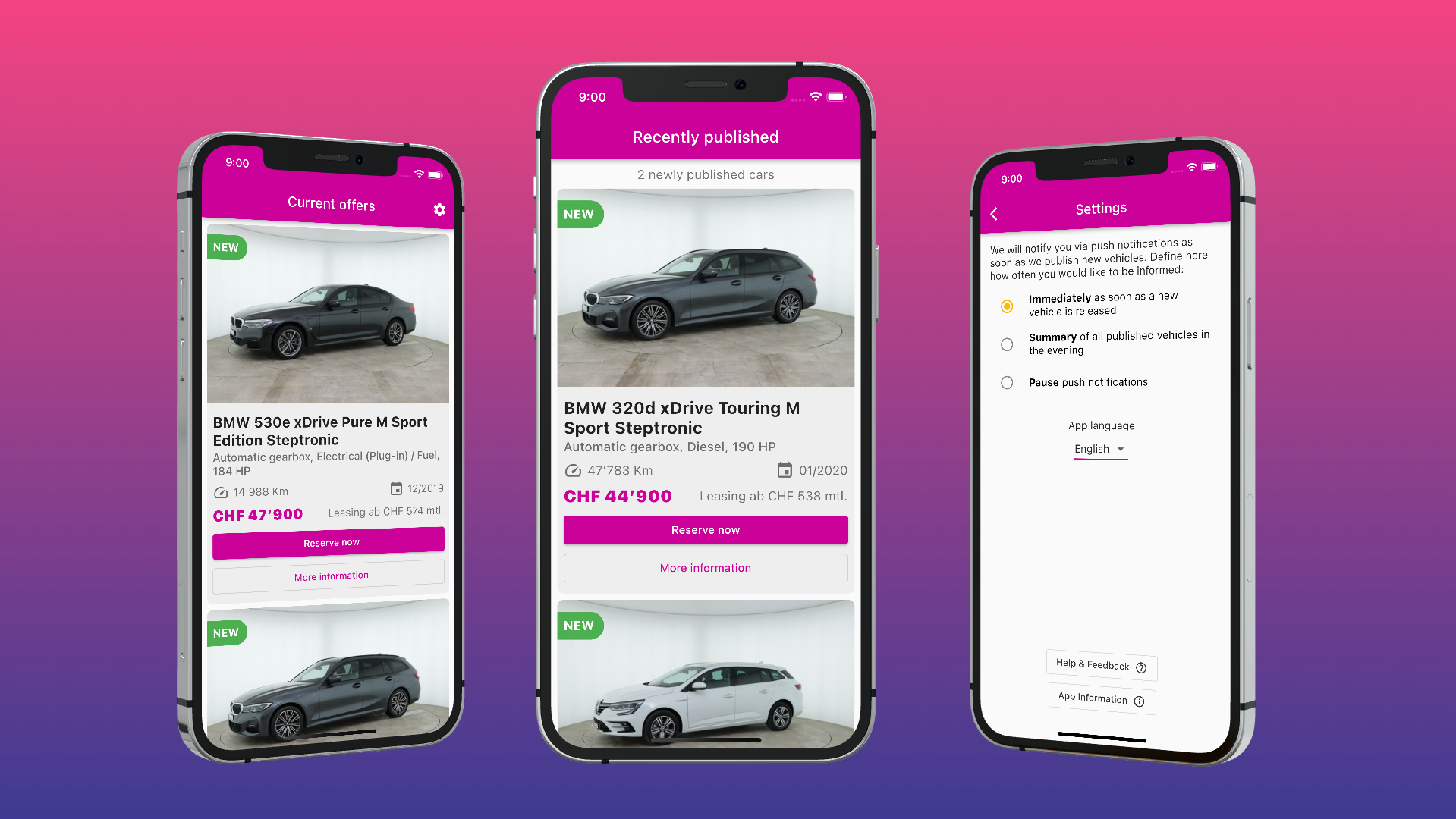 Drei Smartphones, die eine App-Oberfläche für Autoangebote und Einstellungen mit Fahrzeuglistings zeigen.