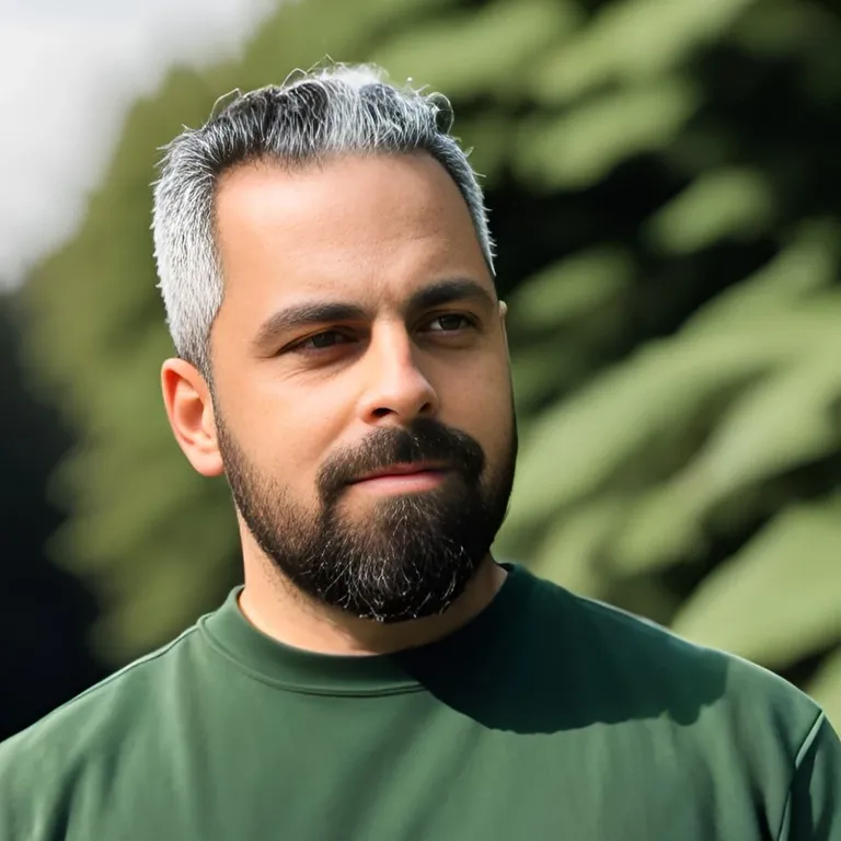 A man with short, graying hair and a beard stands outdoors, wearing a green shirt with lush green foliage in the background.