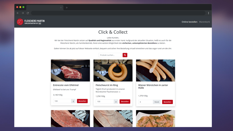Online-Shop-Seite für Fleischerei Martin mit Fokus auf Fleischprodukte.