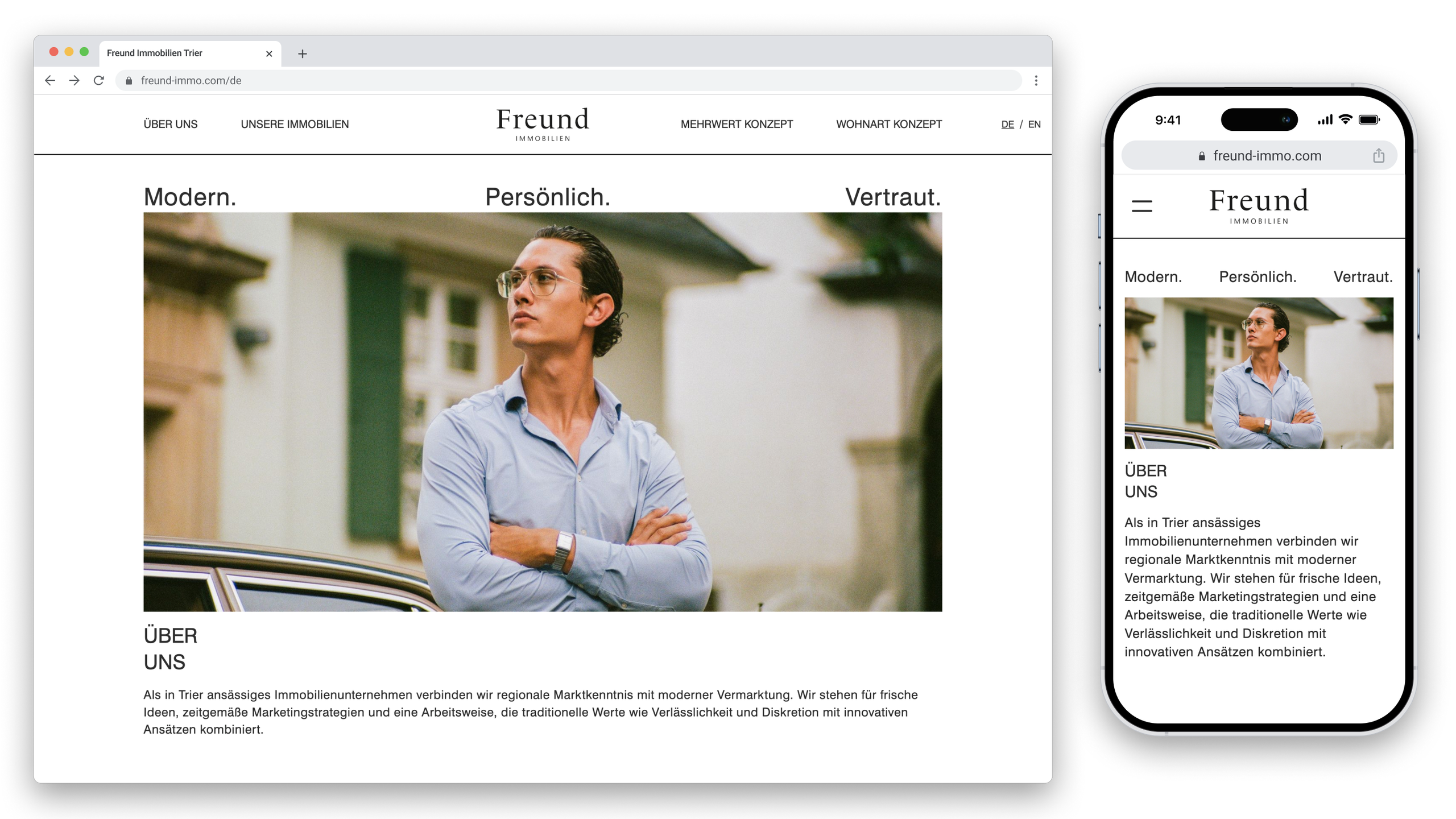 Website of Freund Immobilien company conveying a modern, personal, and trusted atmosphere, featuring an image of a man in a shirt and glasses in front of a building.