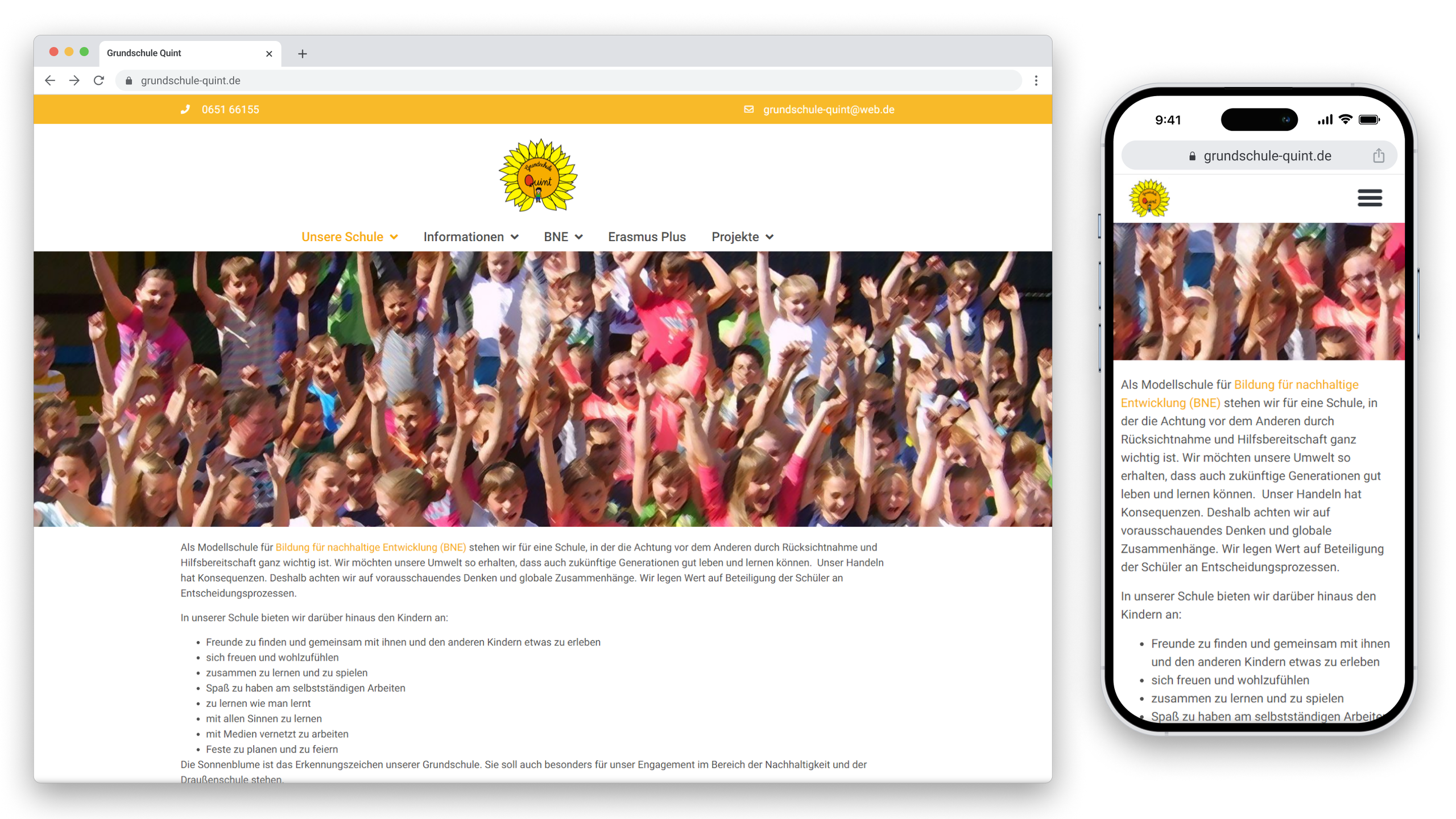A school website homepage displayed on a computer and a smartphone, showing children in a group activity on the main banner.