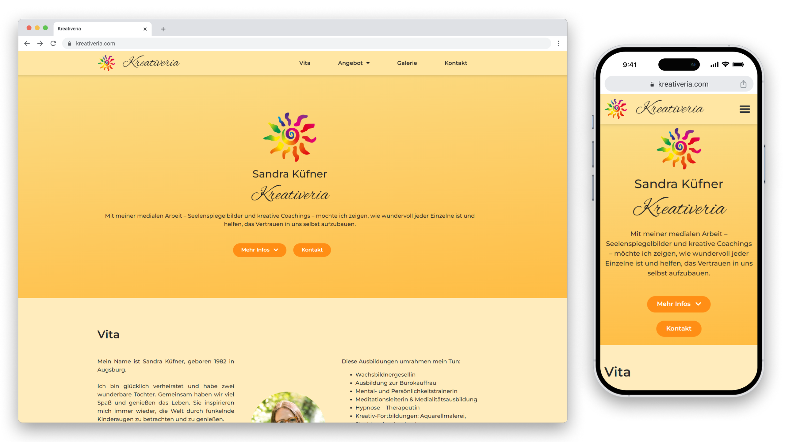 Homepage of Kreativeria website featuring Sandra Küfner with a colorful logo and a yellow-orange background.