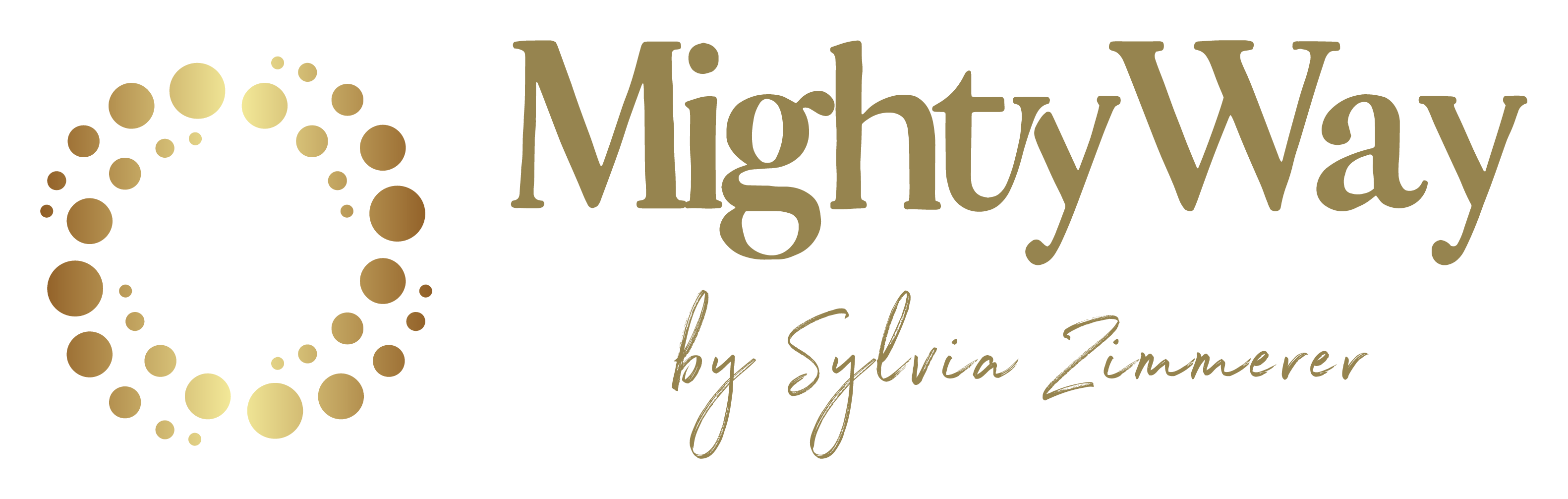 The logo features a circular design made of variously sized dots arranged in a ring, alongside the text 'MightyWay by Sylvia Zimmerman'.