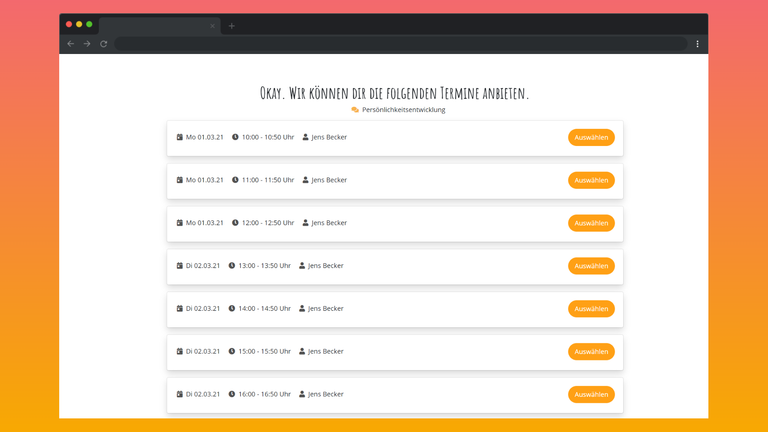 Ein Screenshot einer Online-Buchungsseite mit verfügbaren Terminen bei Jens Becker am 1. und 2. März, angezeigt in einem Browser.