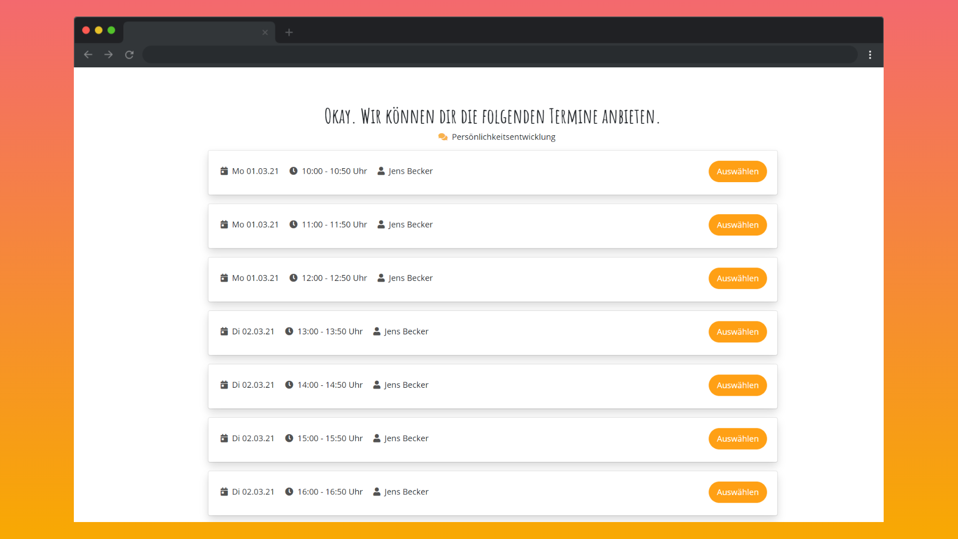 Ein Screenshot einer Online-Buchungsseite mit verfügbaren Terminen bei Jens Becker am 1. und 2. März, angezeigt in einem Browser.