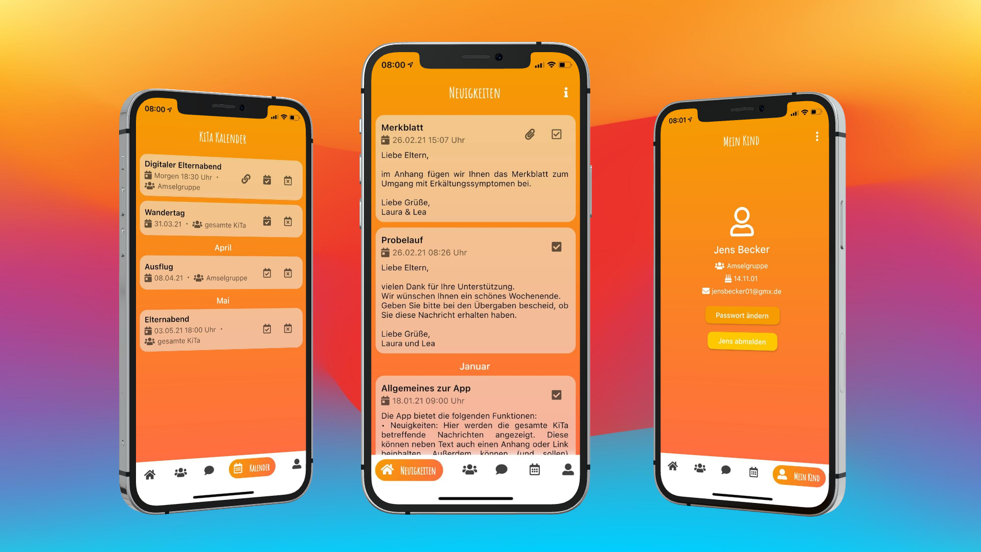 Drei Smartphones, die eine orangefarbene App-Oberfläche für einen Kindergarten zeigen, mit Kalender, Benachrichtigungen und Login-Bildschirm.