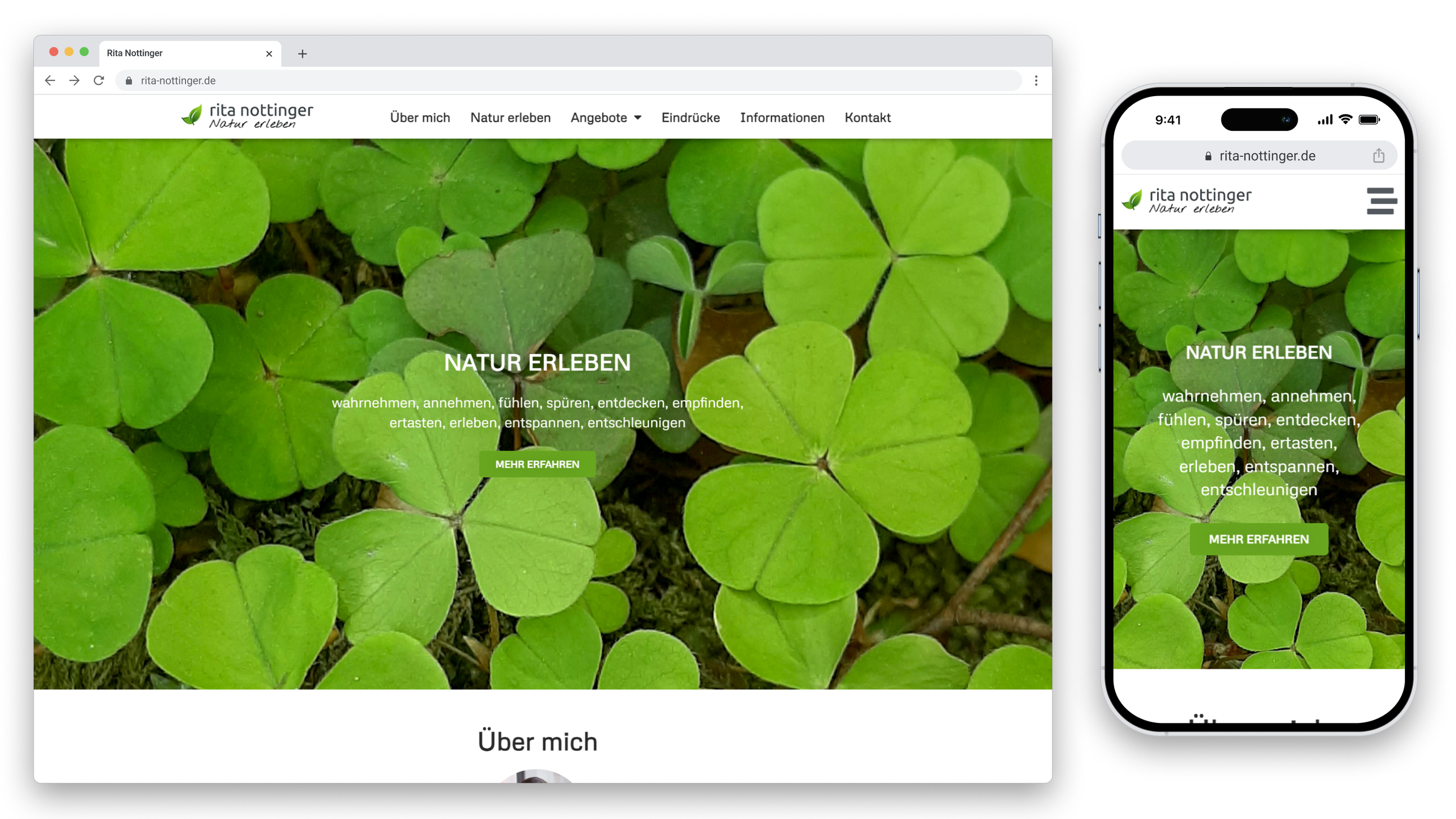Responsives Website-Design für 'Rita Nottinger' mit grünem Klee als Hintergrund, Navigationsmenü und Handlungsaufforderung.