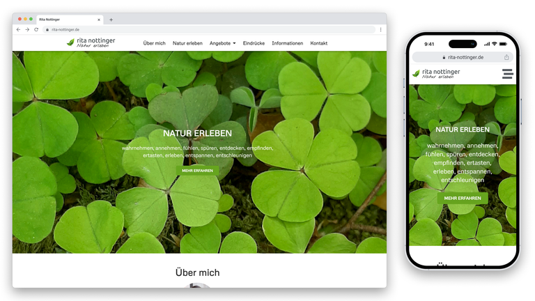Responsives Website-Design für 'Rita Nottinger' mit grünem Klee als Hintergrund, Navigationsmenü und Handlungsaufforderung.