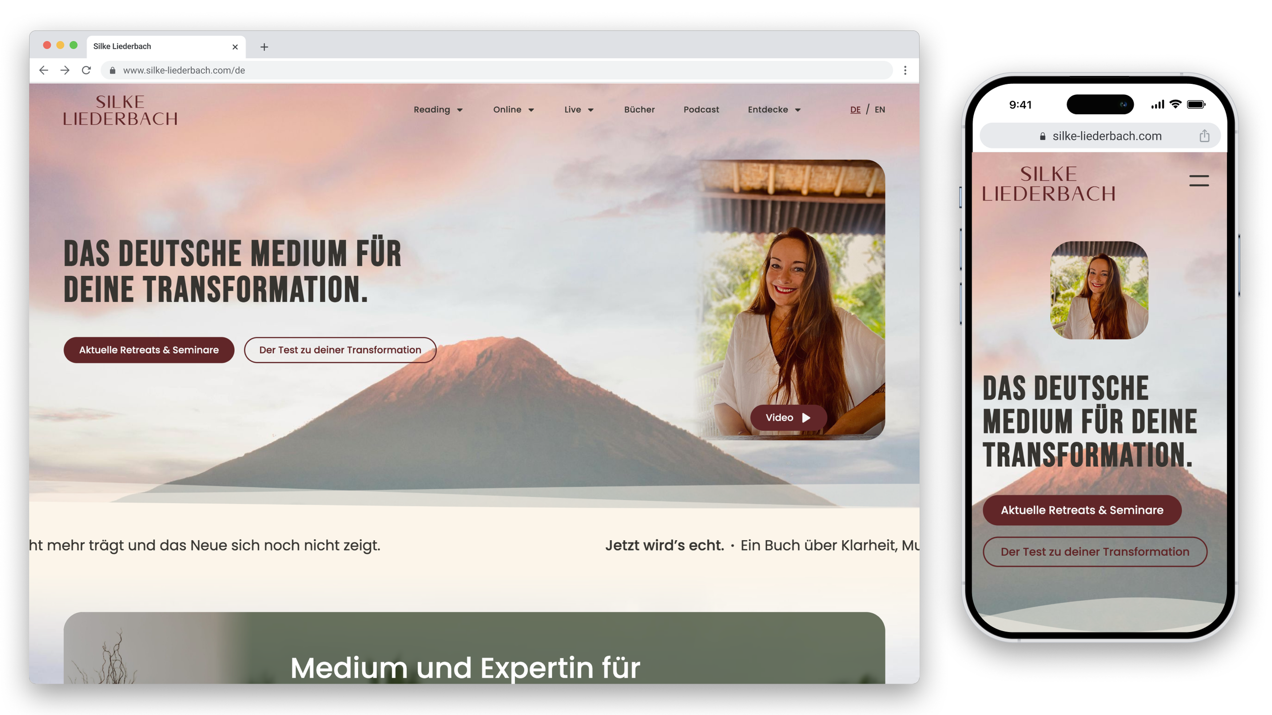 Homepage of Silke Liederbach's website featuring a mountain image and a portrait of a smiling woman in a rounded rectangle, text "The German medium for your transformation" and call-to-action buttons.