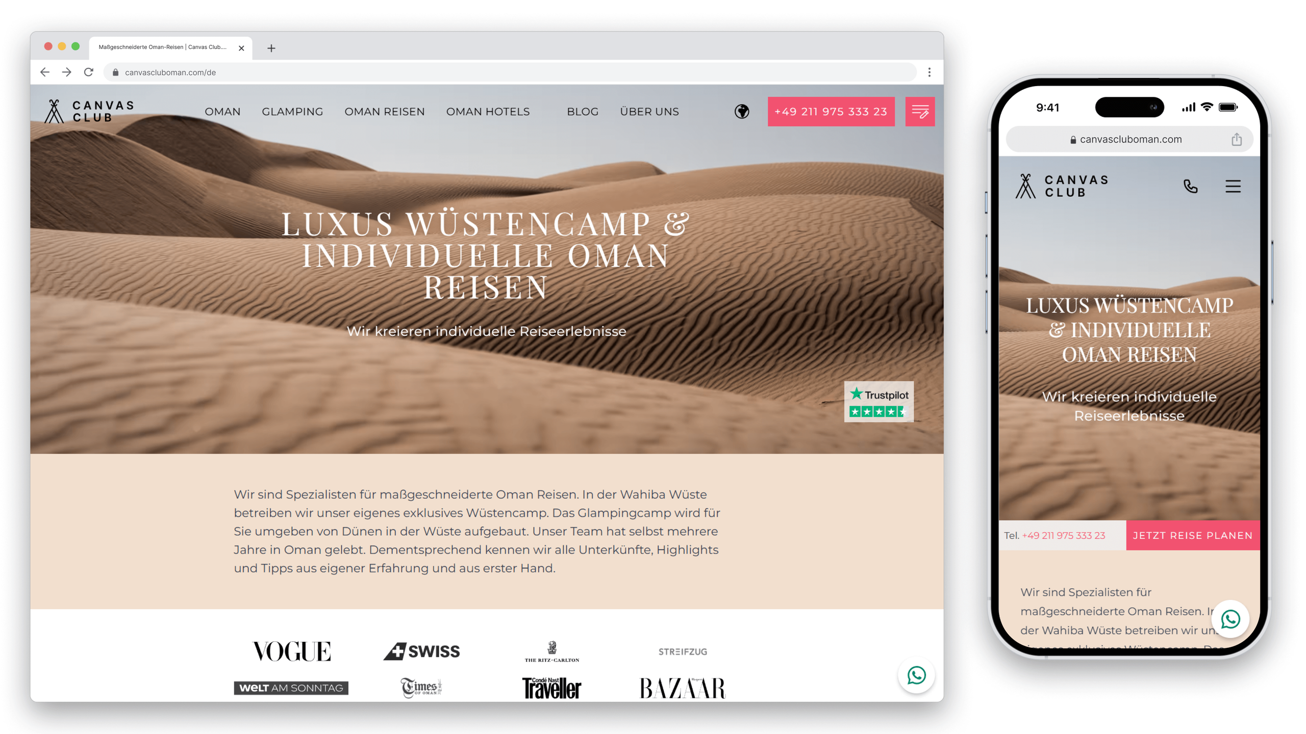 A website and mobile view of Canvas Club Oman showcasing luxury desert camping and personalized travel experiences in Wahiba Sands.