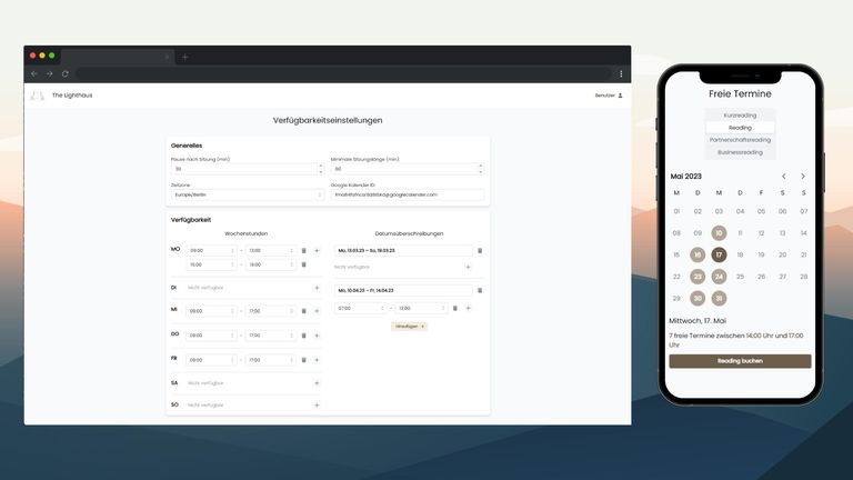 Ein Screenshot einer Online-Verfügbarkeitsseite und einer mobilen Kalender-App, die verfügbare Daten im Mai 2023 zeigt.