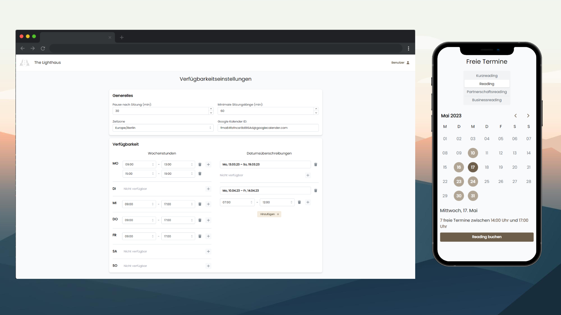 Ein Screenshot einer Online-Verfügbarkeitsseite und einer mobilen Kalender-App, die verfügbare Daten im Mai 2023 zeigt.