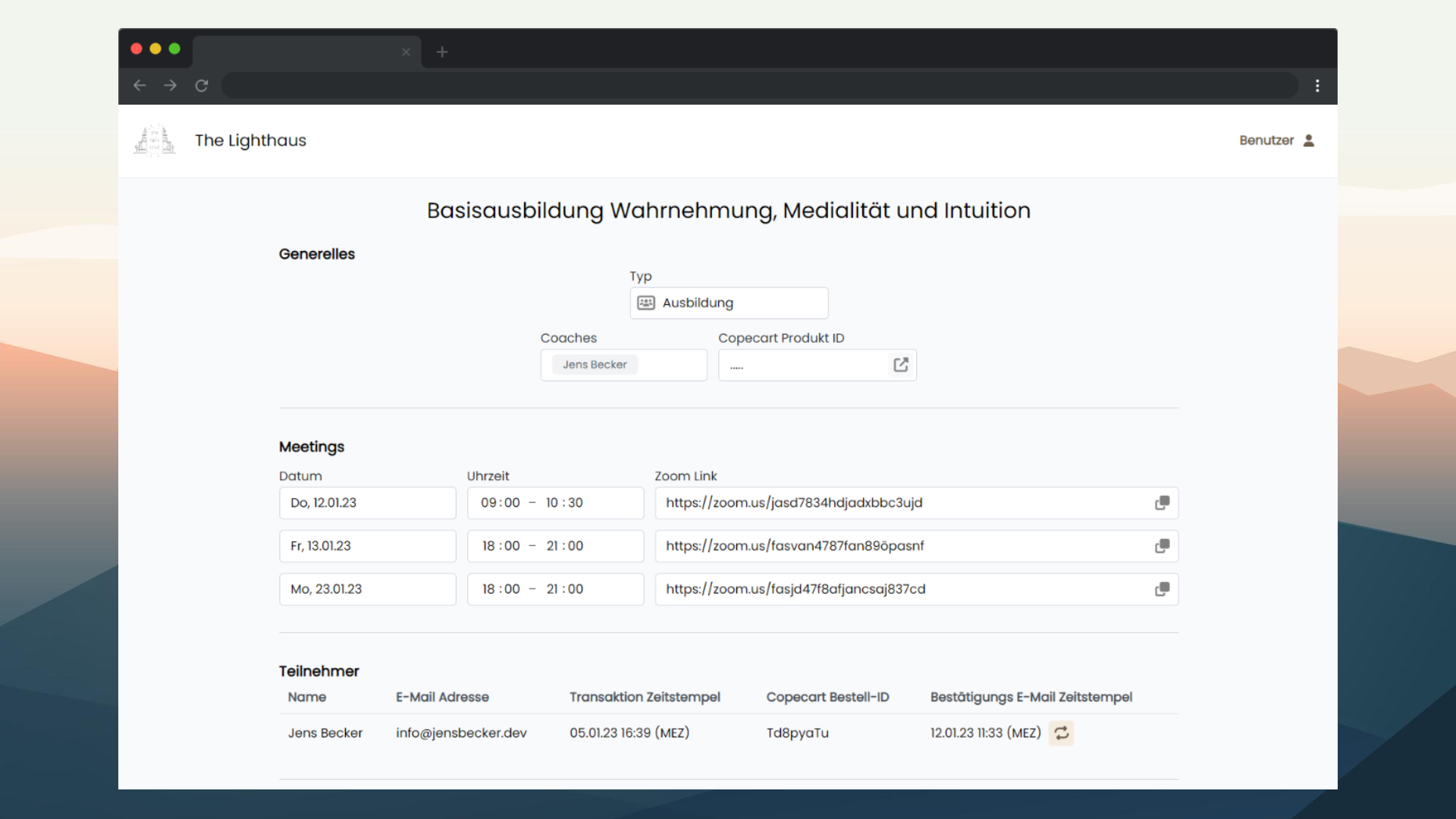 Ein Web-Interface zeigt geplante Meetings mit Details wie Datum, Uhrzeit, Zoom-Link und Teilnehmerinformationen.