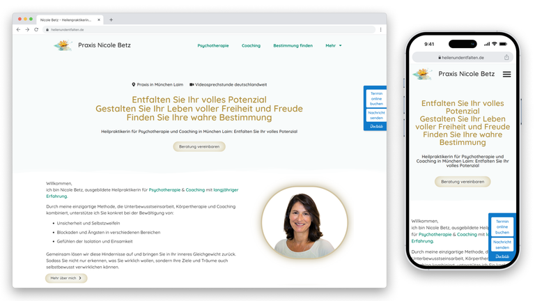 Responsive Website- und Smartphone-Ansicht von Praxis Nicole Betz mit Angeboten für psychotherapeutische Beratung.