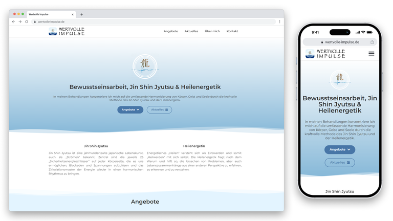 Ein Desktop- und Smartphone-Bildschirm, die die Startseite von wertvolle-impulse.de zeigen, mit Schwerpunkt auf Achtsamkeit, Jin Shin Jyutsu und Heilarbeit.