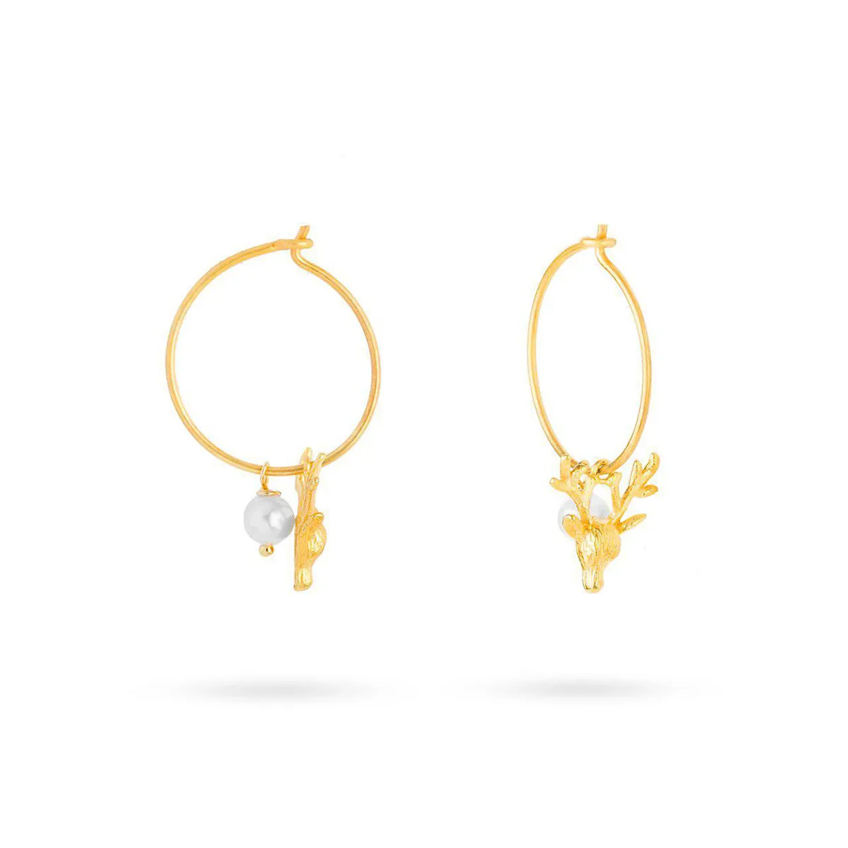 گوشواره حلقه ای طلا طرح گوزن همراه با مروارید