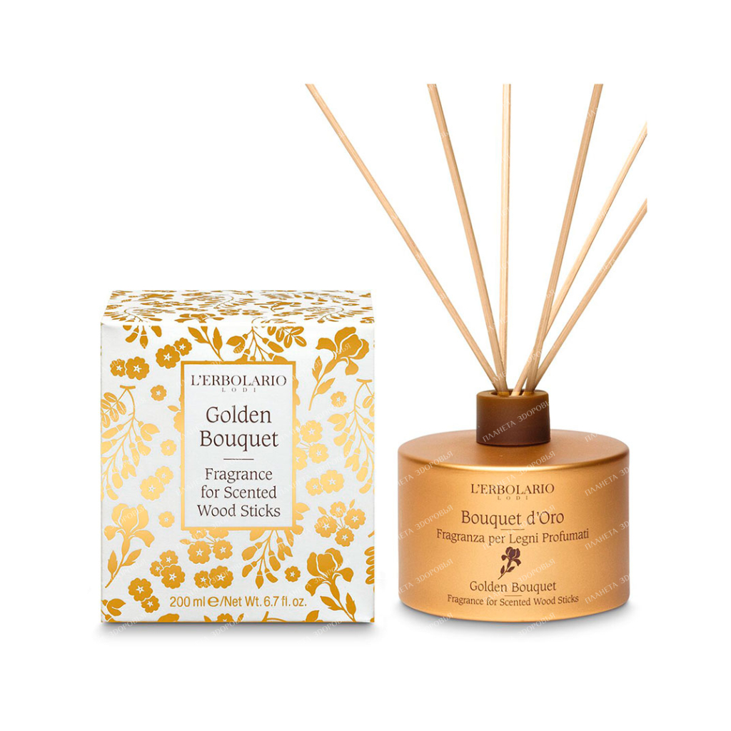 L'Erbolario "GOLDEN BOUQUET" Scented solution for impregnating rattan sticks, 200 ml