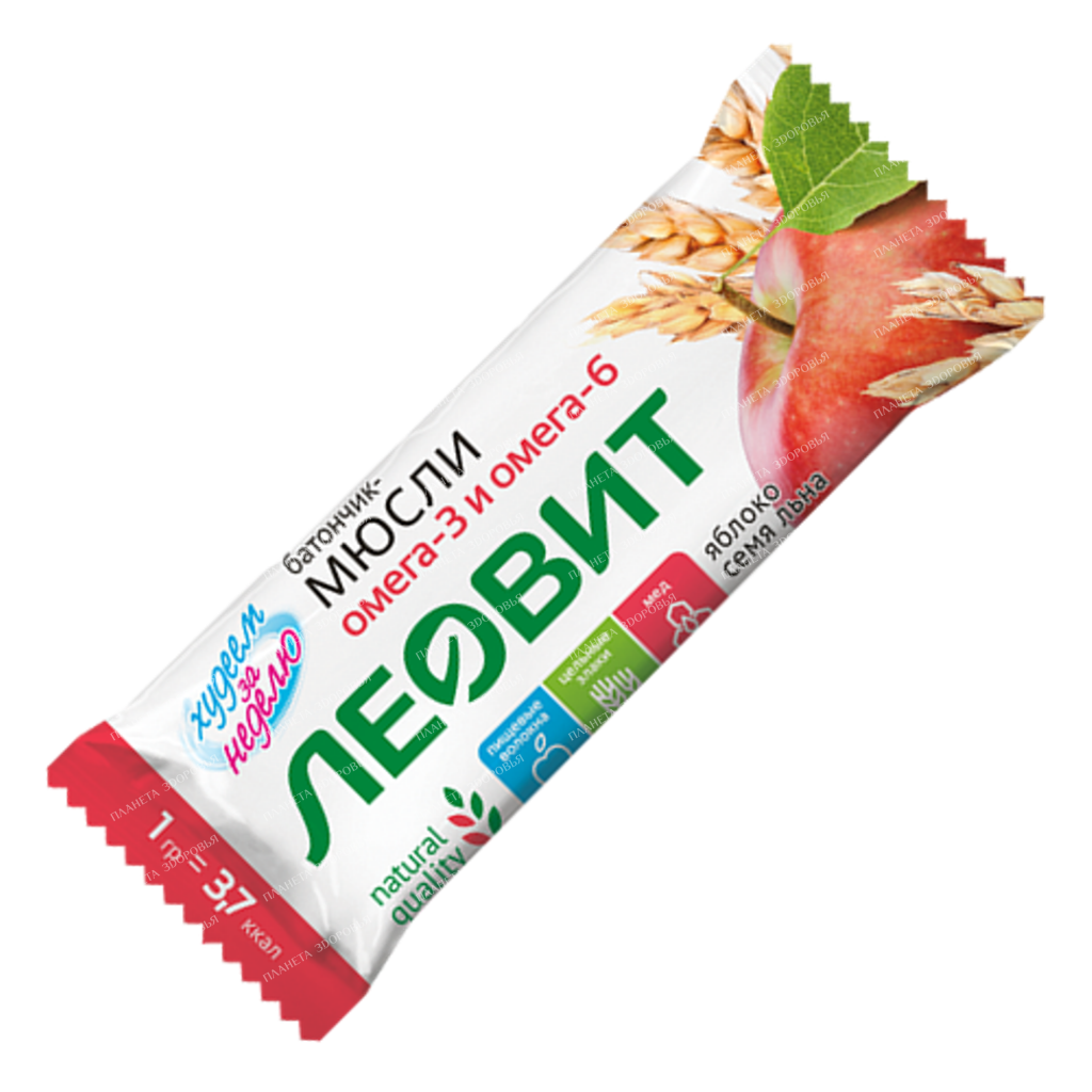 Muesli bar with apple and flaxseed. Packing 30 g