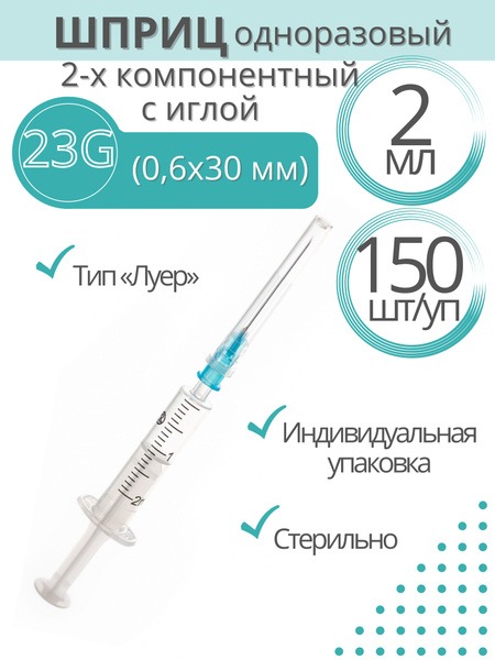 Russia-Made 2ml 2-Part Medical Syringes (150 Pack, 23G Needle)