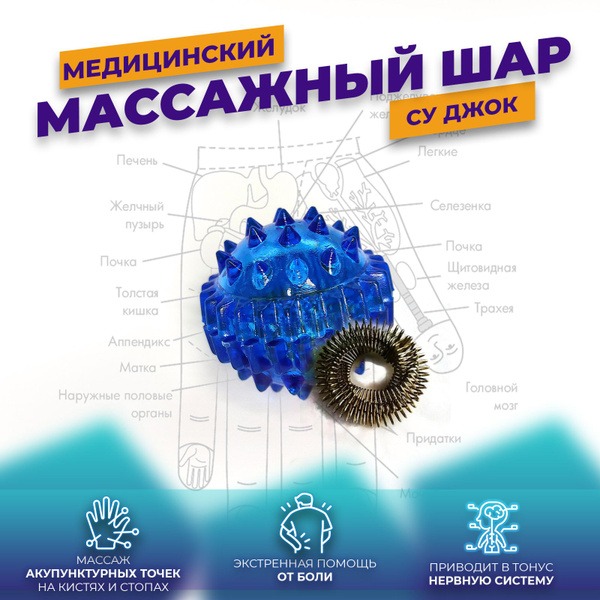 Su Jok Therapy Ball: Hand, Foot &amp; Finger Massager with Spikes &amp; Ring (Blue)