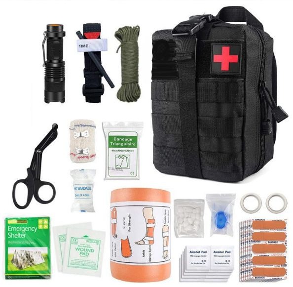 Tactical First Aid Pouch with Flashlight - Black