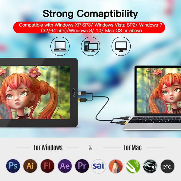 BOSTO 16HD Pro 15.6" IPS Drawing Tablet: 8192 Levels, Windows/Mac/Android