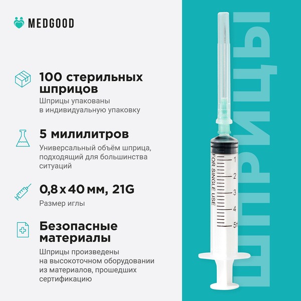 Sterile Medical Syringes 5ml with Needle (0.8x40mm) - 100 Pack