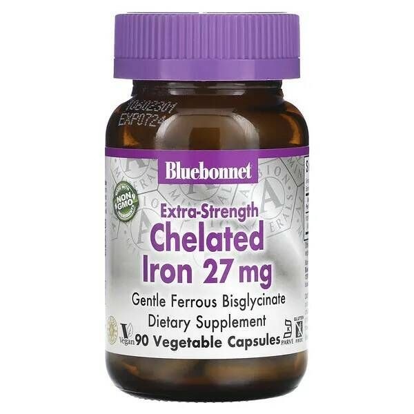 Bluebonnet Nutrition Chelated Iron - High Potency, 27mg, 90 Veggie Caps