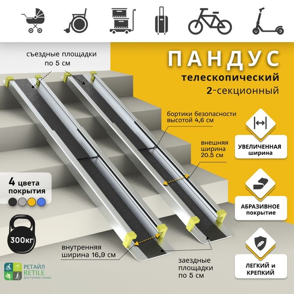 Telescopic Ramp: 2-Section, Anti-Slip, 150cm Black Retail Ramp