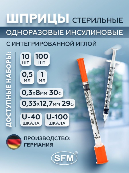 Insulin Syringe 1ml U-40, 29G Integrated Needle (10 Pack)