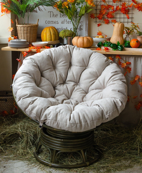Rotating Papasan Chair: Natural Rattan, Beige Cushion, Olive Green