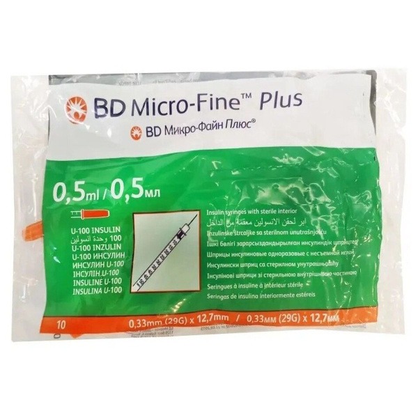 BD Micro-Fine Plus 3-Part Insulin Syringe 0.5ml 29G (10 Pack)