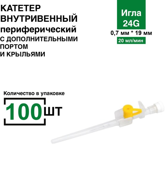 24G Peripheral IV Catheters with Injection Port & Wings (100/Box)