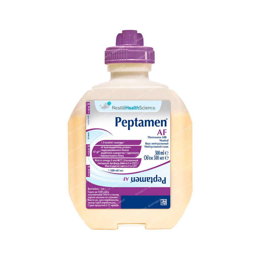 Peptamen AF Specialized product of dietary medical nutrition, a liquid full-fledged balanced high-calorie mixture based on hydrolyzed whey protein with neutral. taste for enter. Pete. det. over 10 years old and adults, 500 ml