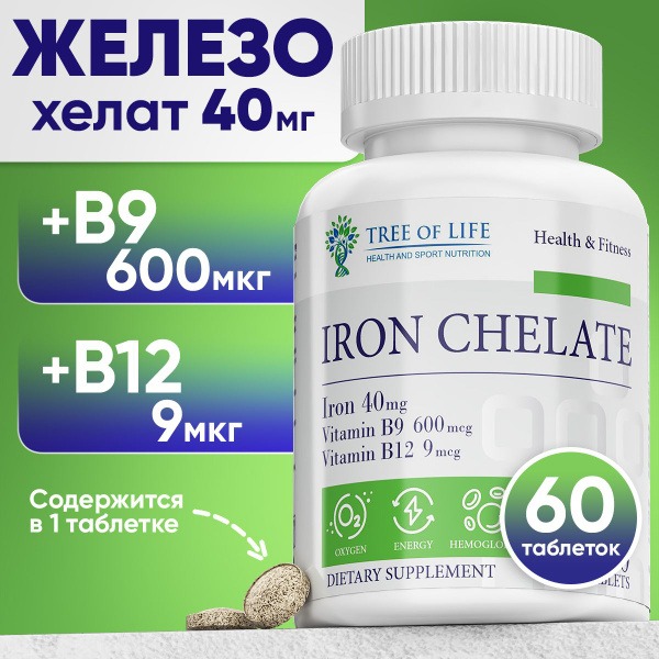 Iron Chelate Supplement with B9 & B12 for Anemia Prevention & Hemoglobin Synthesis (60 Tablets)
