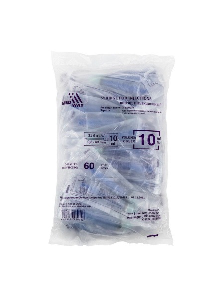 Medwey 3-Part 10ml Syringe with 21G 0.8x40mm Needle (60 Pack)