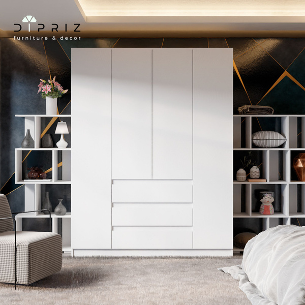 Scandinavian 4-Door Wardrobe with 3 Drawers &amp; Hanging Rail