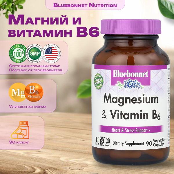 Bluebonnet Nutrition Magnesium &amp; Vitamin B6 Supplement - 90 Vegan Capsules