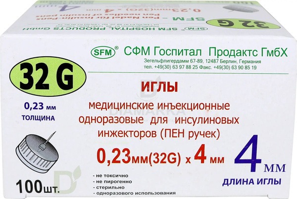 SFM Insulin Pen Needles: 32G, 0.23x4mm, 100 Count