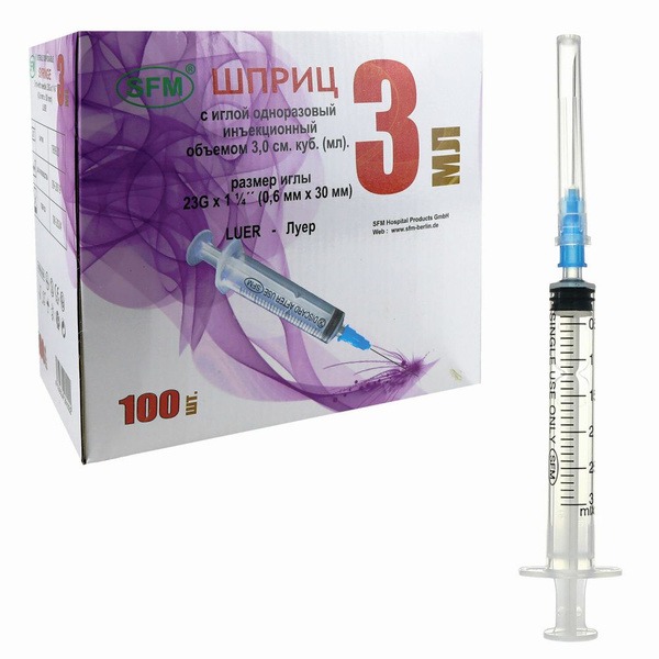 3ml 3-Part SFM Syringes (2/pack, 100/box), 23G Needles