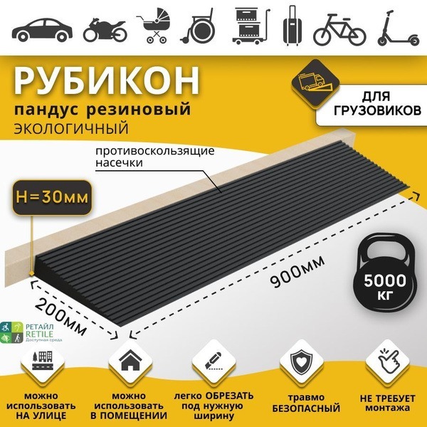 Rubber Threshold Ramp - Retail Rubicon, 30mm High (30x900x200mm)