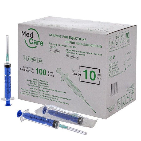 MedCare 10ml Sterile Disposable Syringes with Needle (21G, 100 Pack)