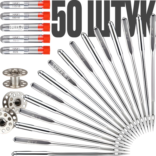 Sewing Machine Needles (50 Pack) - Universal HAX1 Sizes 65/9, 75/11, 90/14, 100/16, 110/18